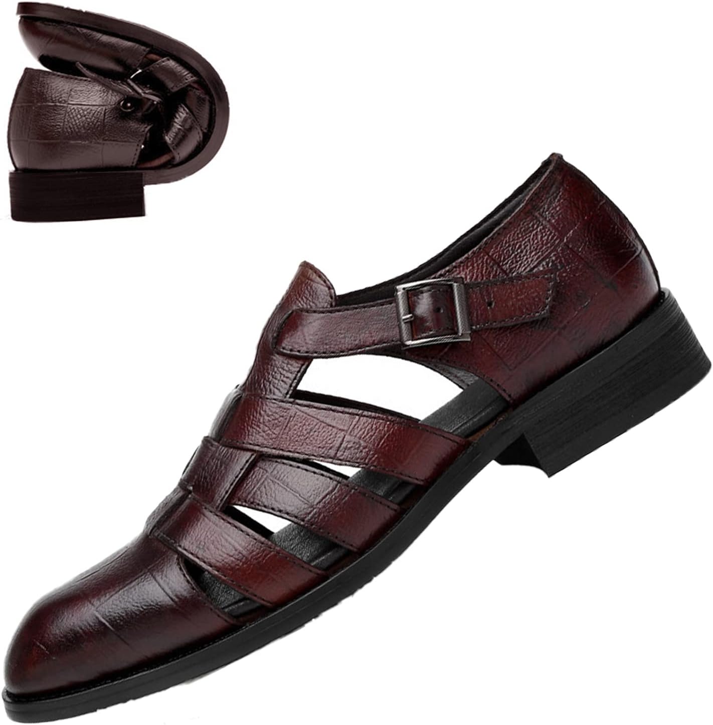 

Мужские повседневные сандалии на платформе с танкеткой в римском стиле, регулируемая пряжка, закрытые пляжные сандалии-рыбаки, ручная работа, кожаные лоферы Generic, красный