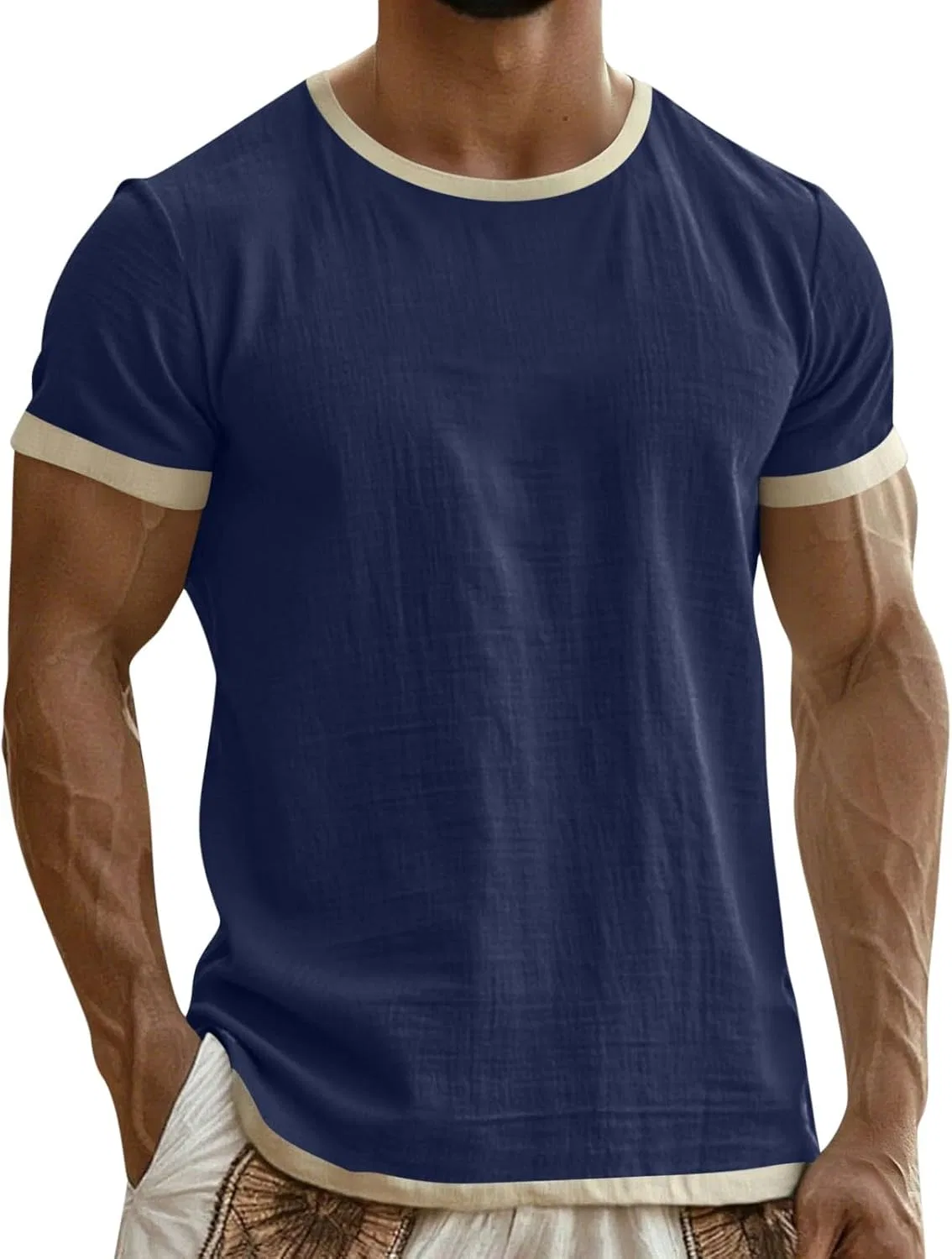Футболка с контрастной отделкой, Cotton Linen, Dark Blue#01