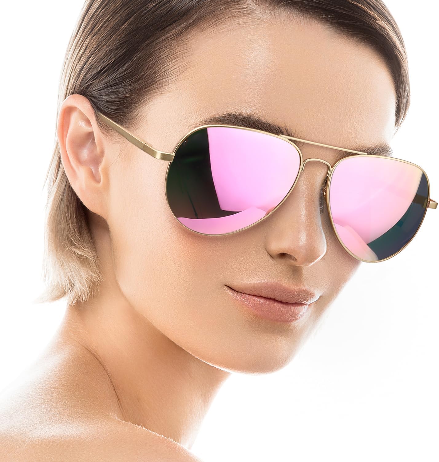 

Солнцезащитные очки-авиаторы SODQW для женщин и мужчин, увеличенного размера, с металлической оправой, зеркальные поляризованные очки-авиаторы с защитой от УФ-излучения, A05- Gold Pink