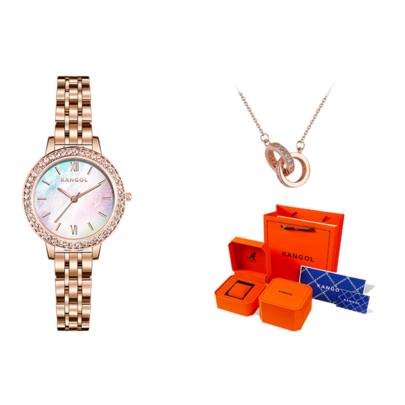 

KANGOL Часы Quartz Movement Metal Strap Watch Women's Watch White Dial, Rose Gold Steel Band Mother of Pearl White Dial[Necklace Set 3]