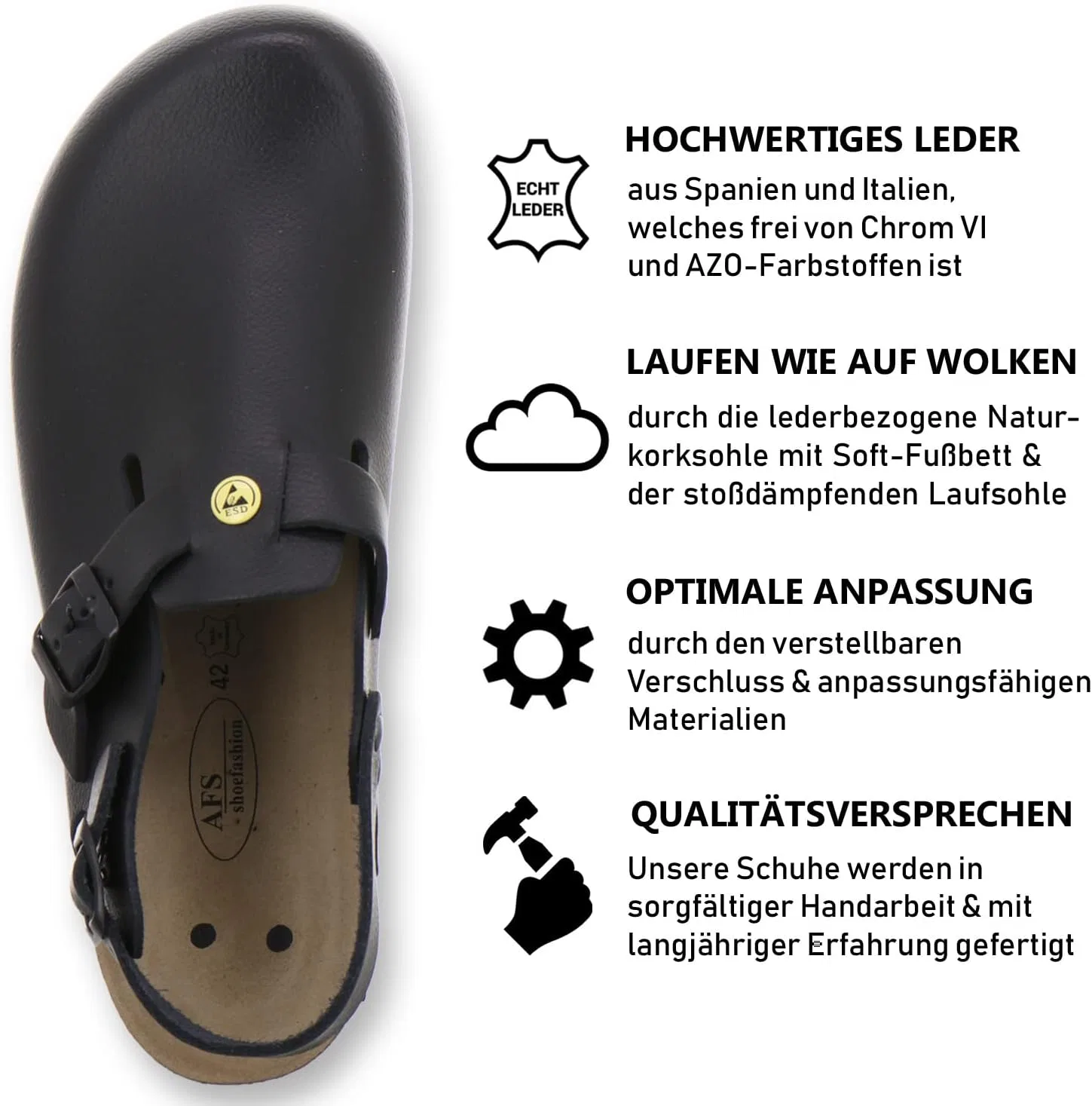 Рабочая обувь AFS-Schuhe 31940 для мужчин и женщин, антистатическая, кожаная рабочая обувь, обувь для ухода за больными, лабораторная обувь, Black — фото 2