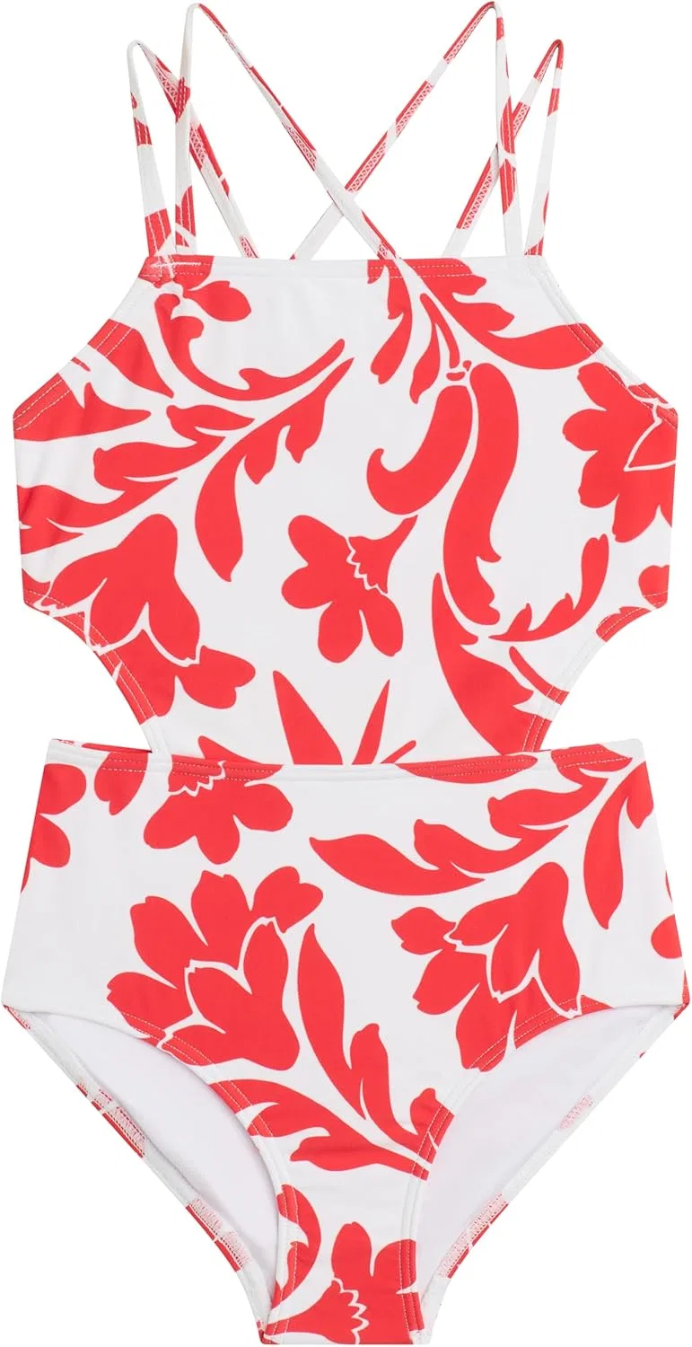 Слитный купальник Kanu Surf Girls' Beach Girl Sport с вырезами, Laurel White/Red