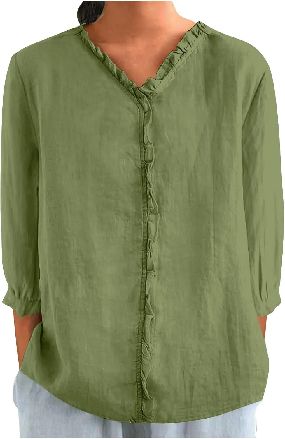 

Льняная рубашка для женщин с рюшами и вставками, 3/4 рукав Floleo