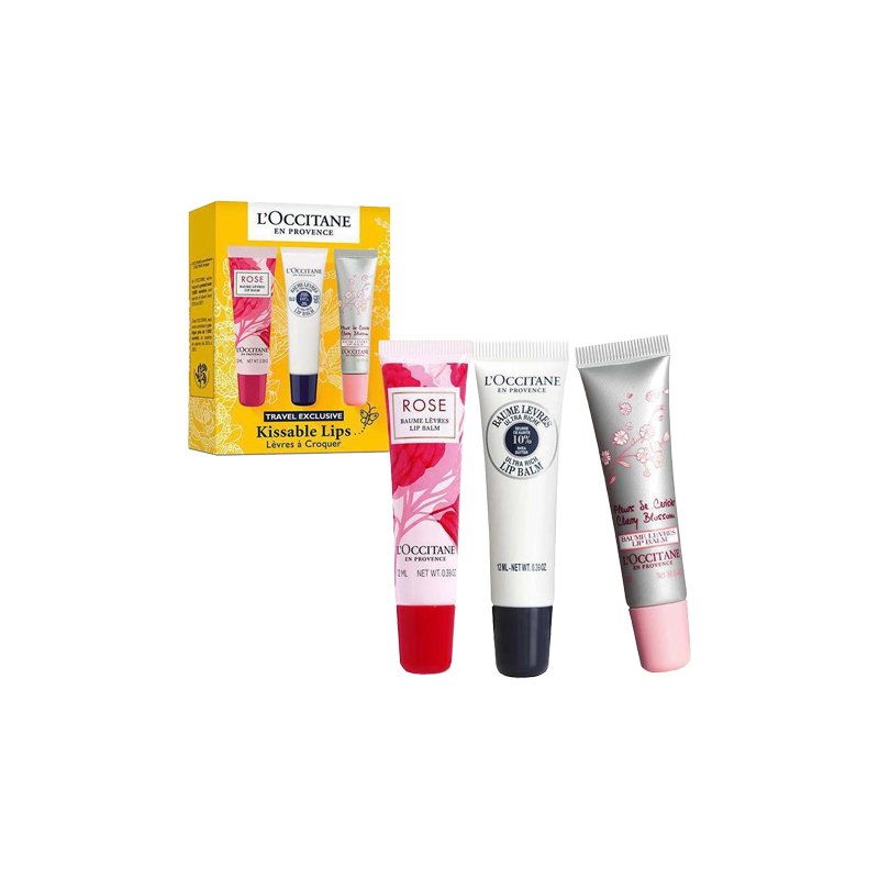 Набор бальзамов для губ L'Occitane Kissable Lips Set ши 12 мл + роза 12 мл + вишневый цвет 12 мл — фото 3