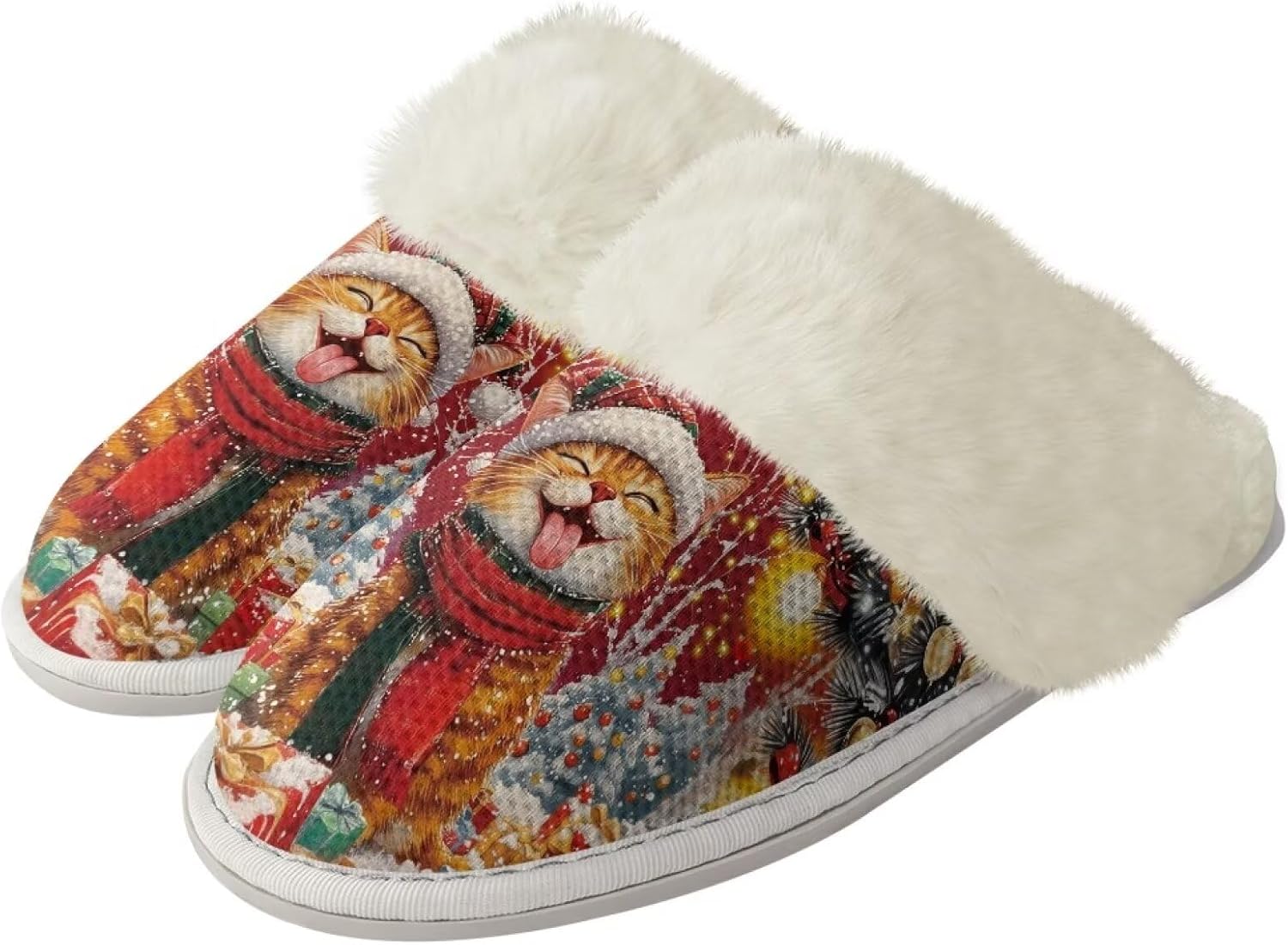 

Тапочки Srengjodk для женщин и мужчин, хлопковые фланелевые тапочки с меховой отделкой, домашние тапочки, рождественские тапочки для пары, размеры 36-47, Cute Christmas Cat Print