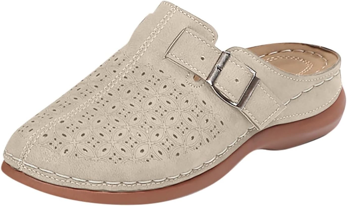 

Женские сабо мюли на лето, дышащие, с вырезами, с закрытым носком, повседневные легкие шлепанцы без задника, удобные простые летние туфли на плоской подошве для отпуска Kajxz, бежевый