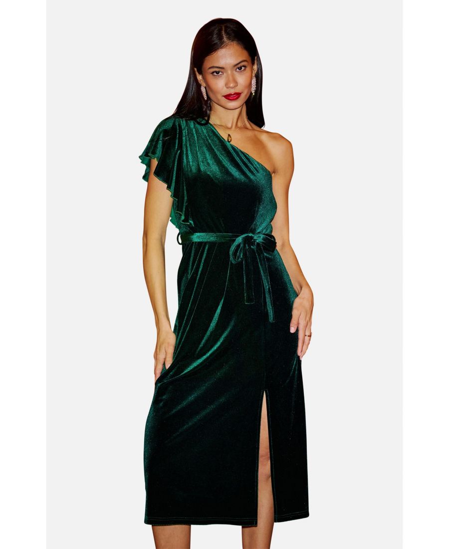 

Женское бархатное платье миди с оборками на одно плечо Yumi, Green