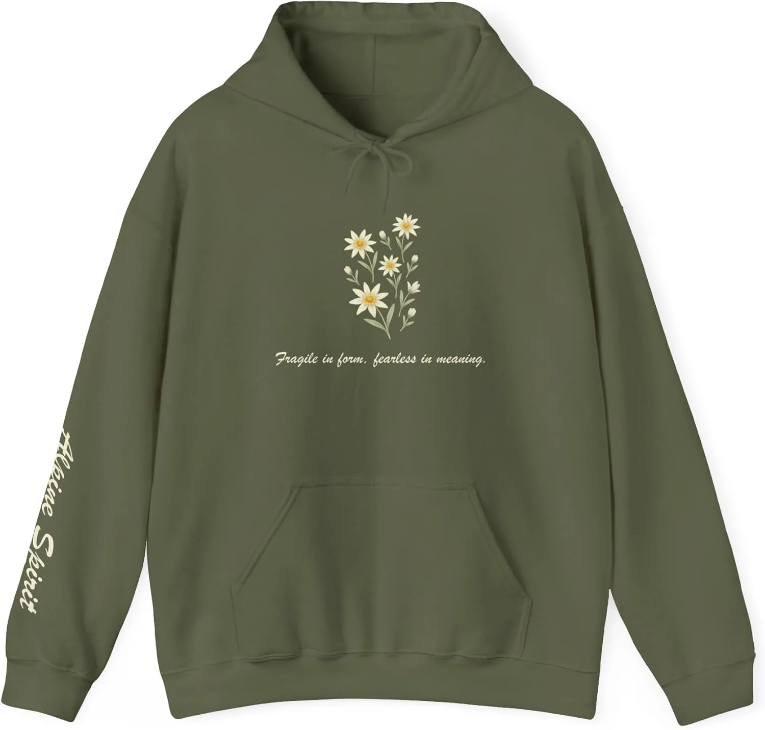 Худи Edelweiss Floral - минималистичная толстовка с надписью «Хрупкая по форме, бесстрашная по смыслу» и принтом Alpine Spirit на рукавах GENERIC, зеленый