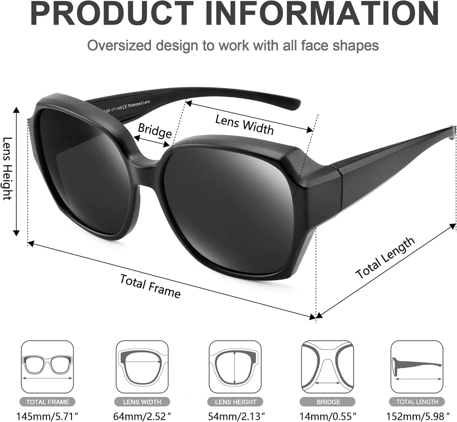 

Поляризованные солнцезащитные очки для женщин, надеваемые поверх обычных очков, увеличенного размера, защита от УФ-излучения UV400 Paukis, K03 Matte Black/Grey Lens