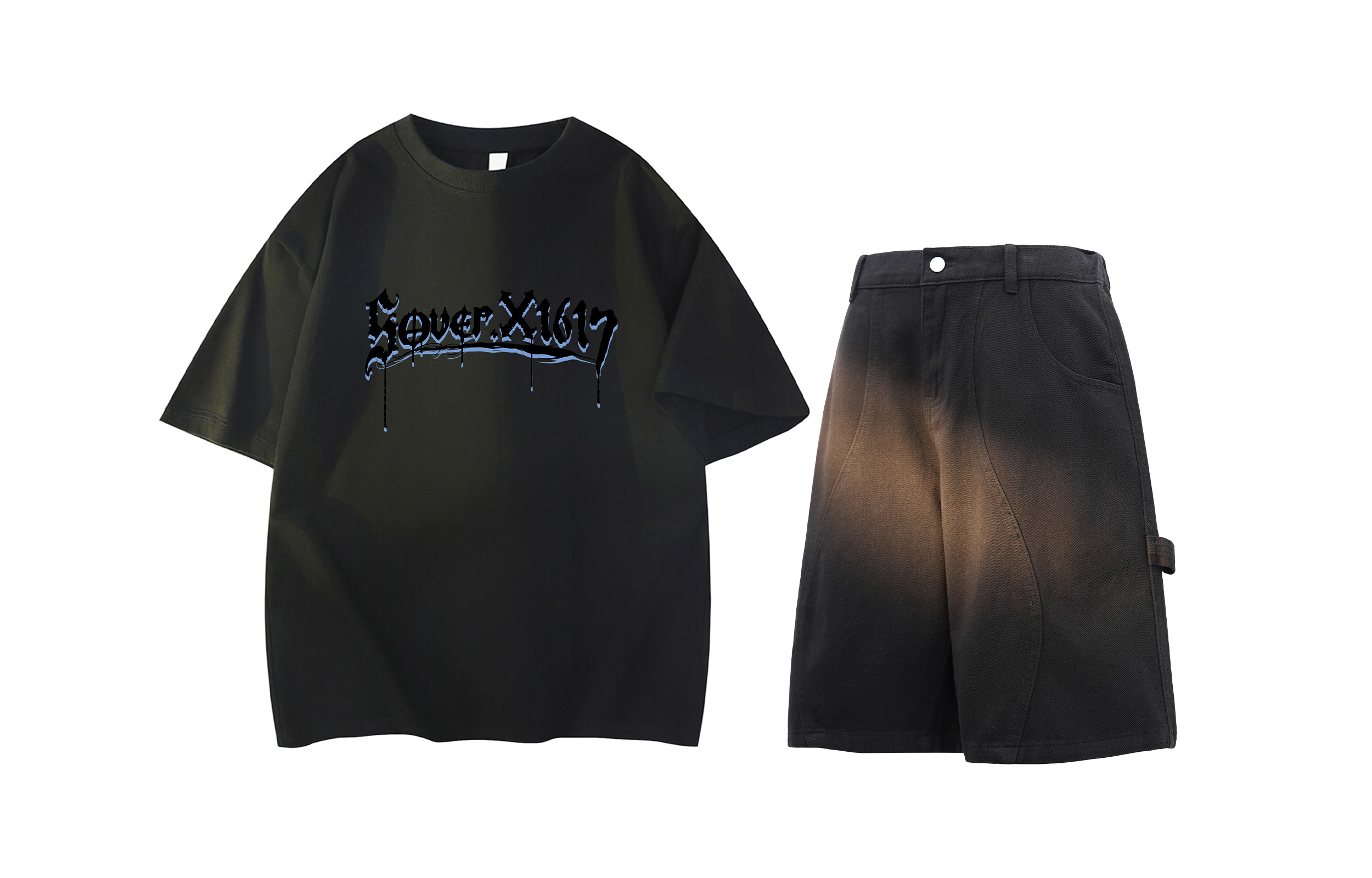 

Повседневный спортивный свитер Unisex с круглой горловиной Moderate X1617, черный short-sleeved shirt+черный denim shorts