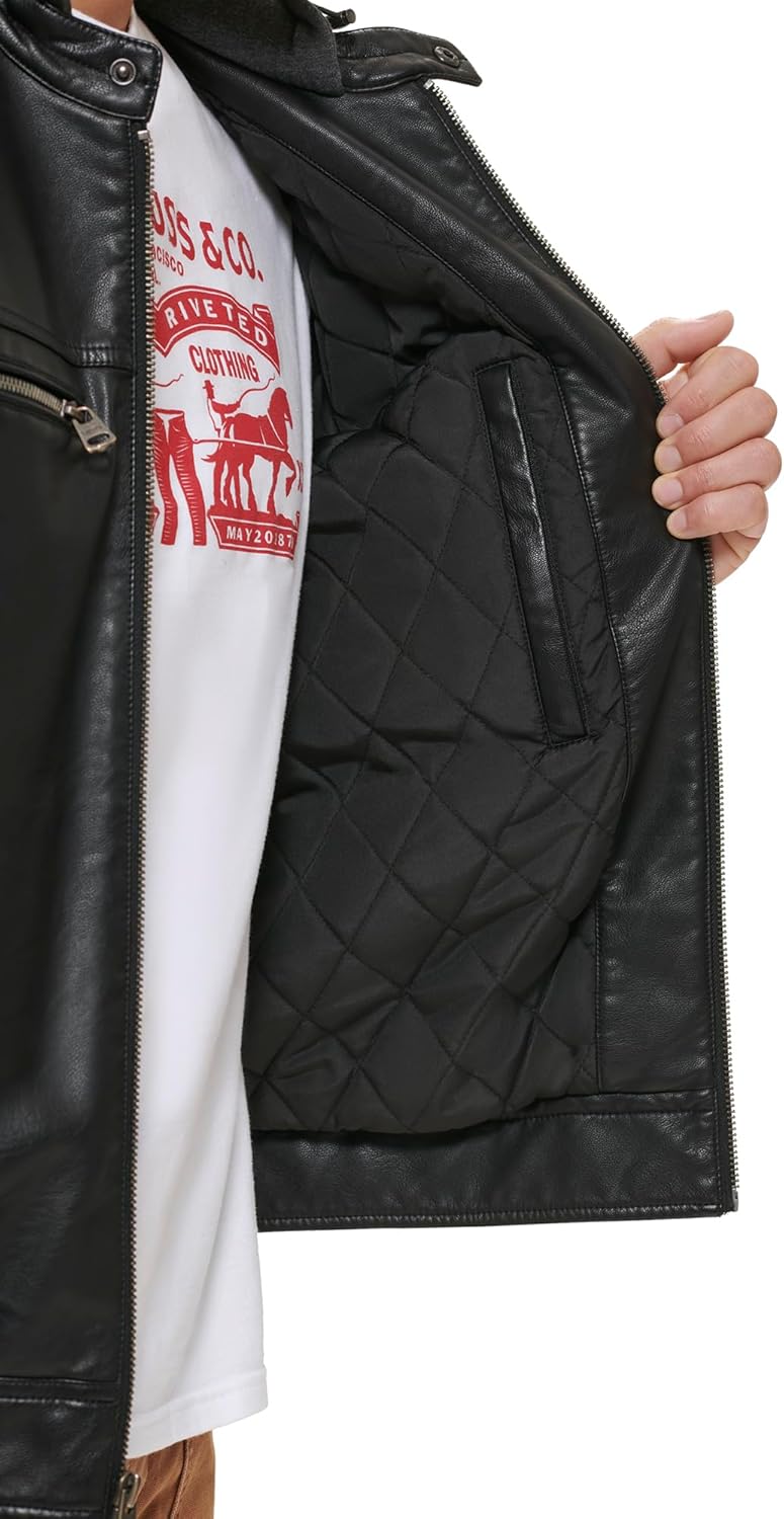 Мужская гоночная куртка Levi's из искусственной кожи, Black Smooth Lamb Modern Hooded — фото 4