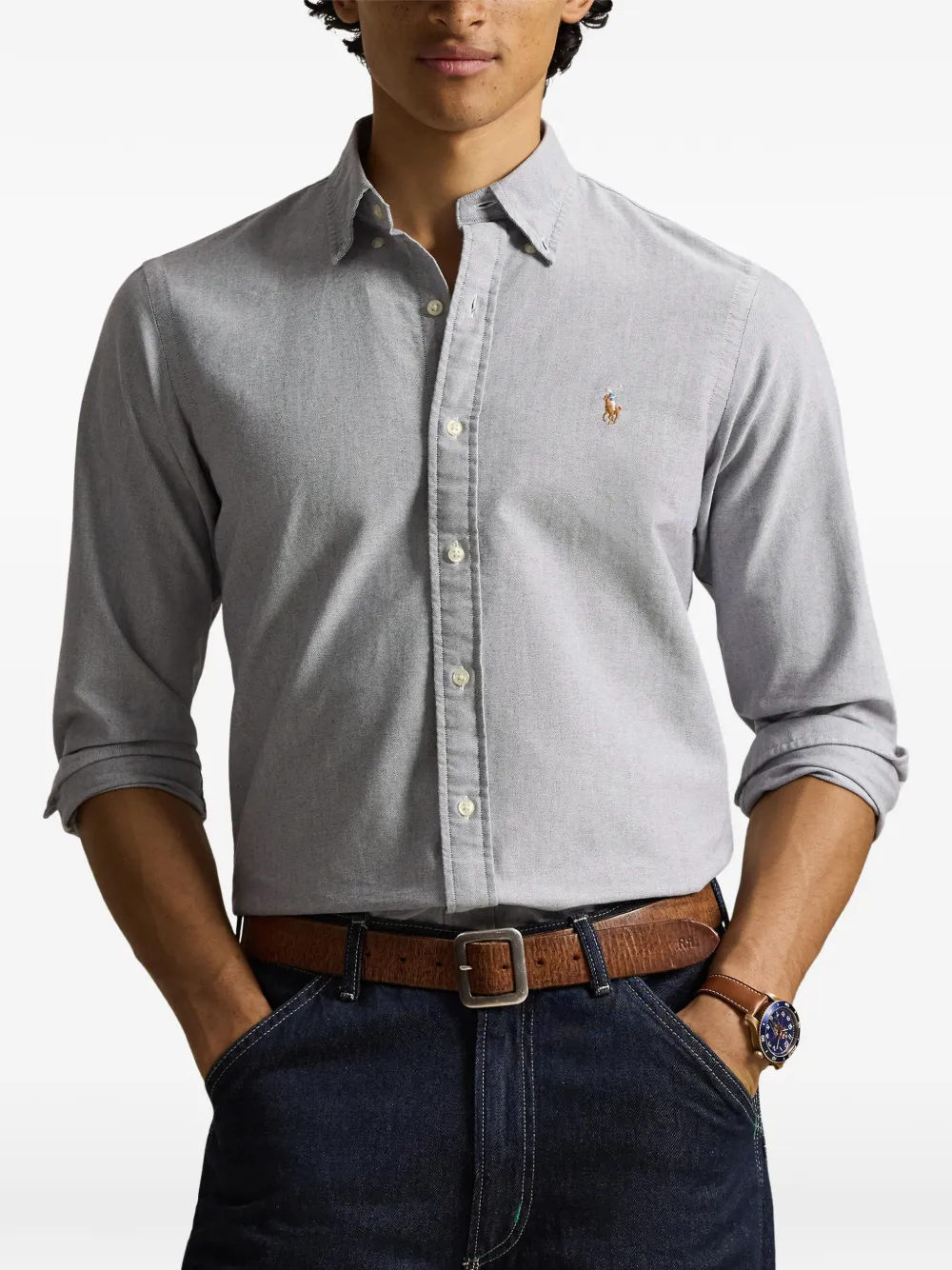 Оксфордская рубашка с вышивкой POLO RALPH LAUREN, серый — фото 3