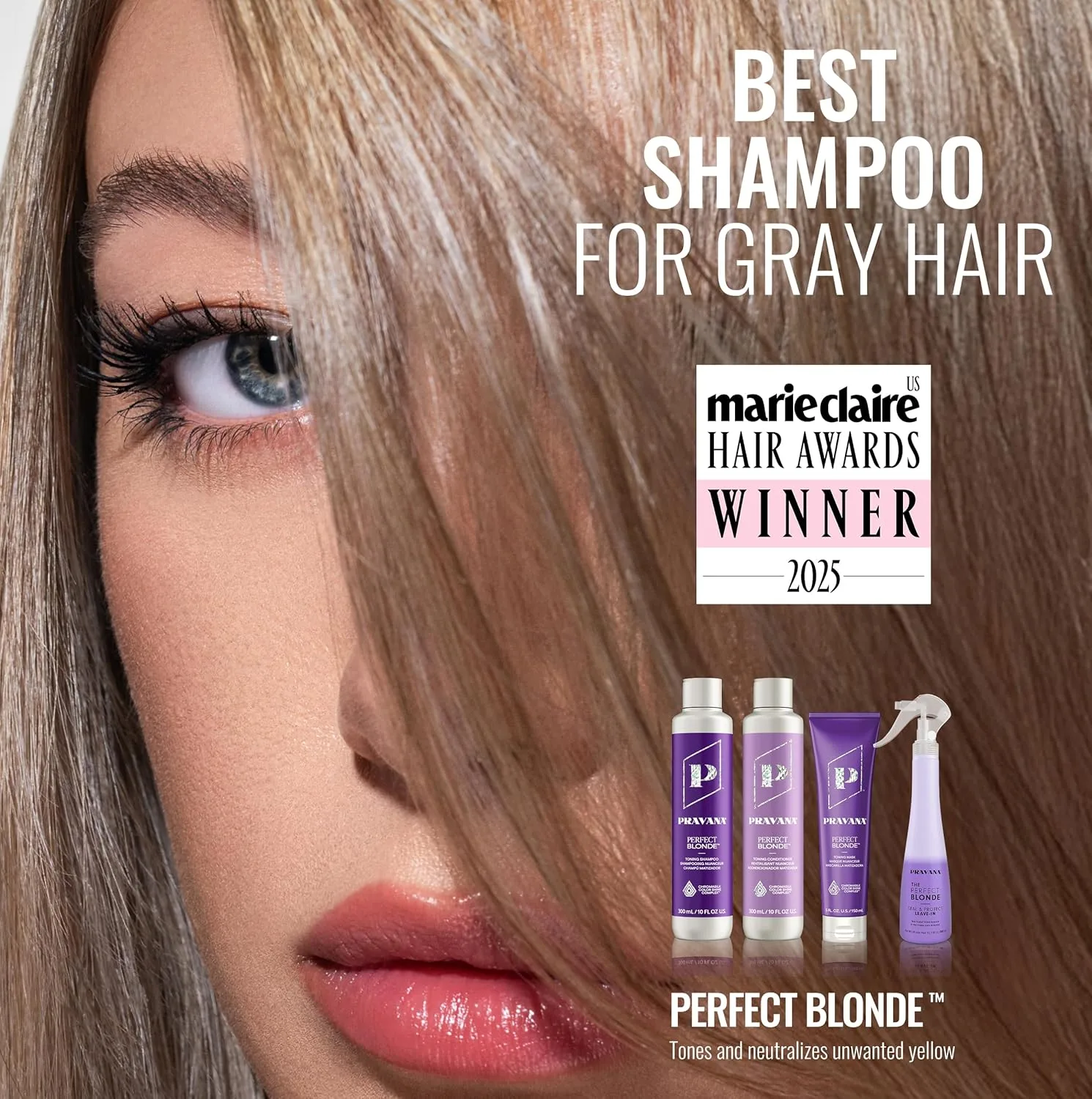 Pravana The Perfect Blonde Purple Toning Shampoo, кондиционер и маска, нейтрализует медные и желтые оттенки, для окрашенных волос, Chromasilk, 300 мл, yellow — фото 2