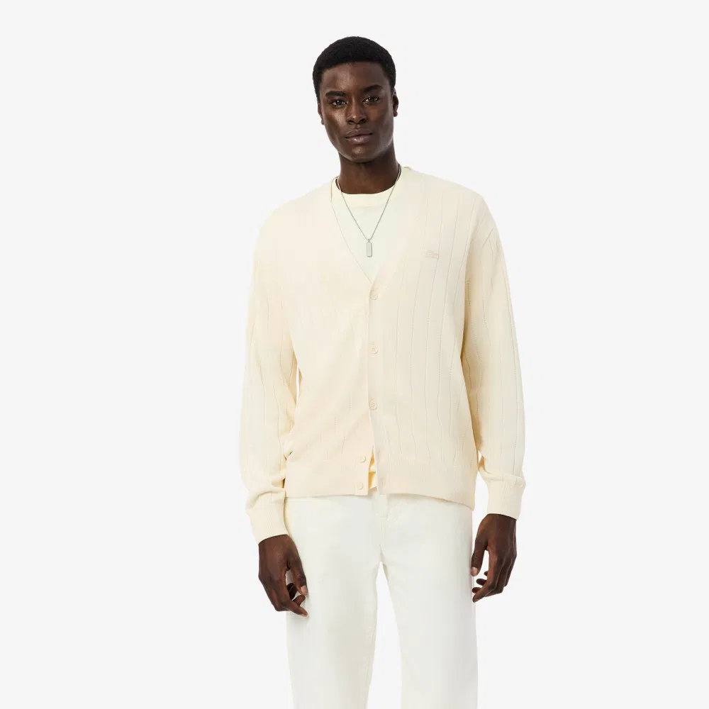 Мужской кардиган с V-образным вырезом Paris Pack Ribbed Knit цвета айвори от Lacoste