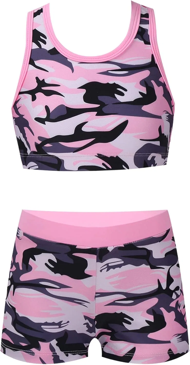Детский спортивный костюм камуфляж HULIJA топ и шорты, Camouflage-pink