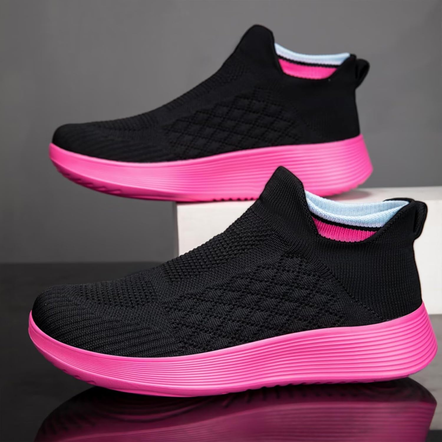 Кроссовки Ozefiad Slip-on для мужчин и женщин, сетчатые кеды без шнурков, повседневная обувь для прогулок, черный/красный — фото 4