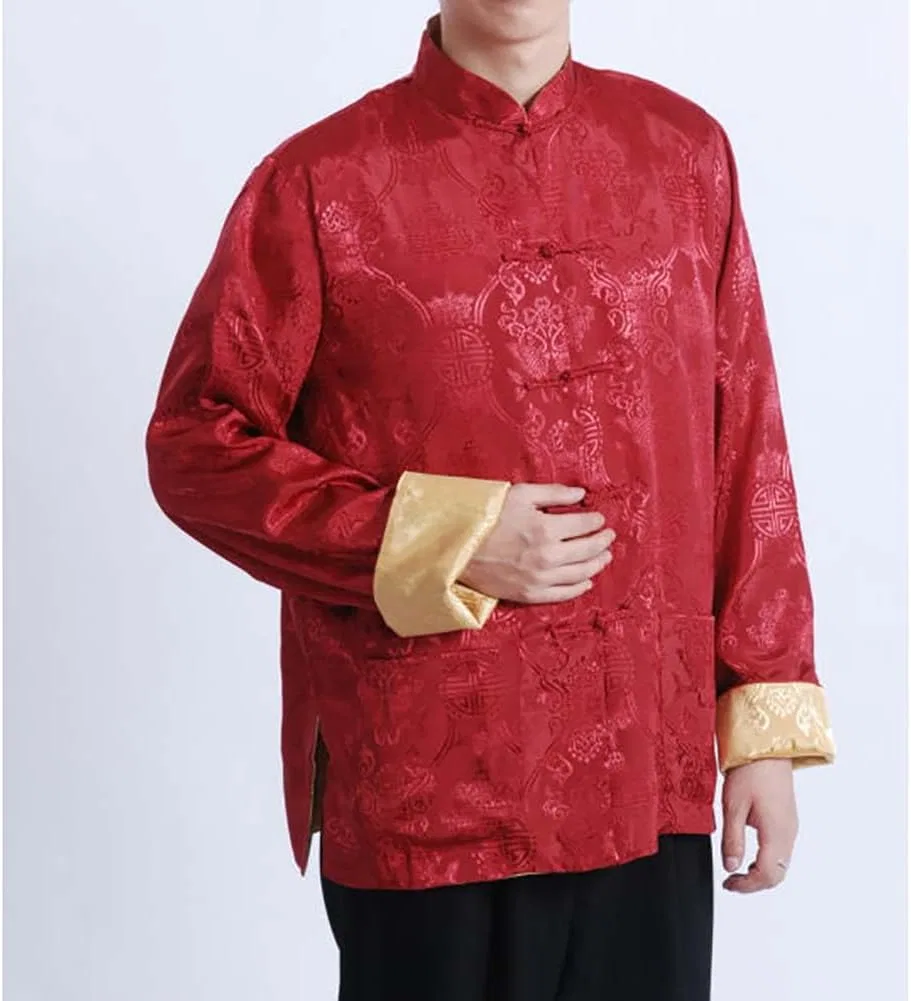 Мужская куртка Tang с контрастной подкладкой и традиционными китайскими пуговицами-лягушками, с длинными рукавами и стойкой, пальто Tangzhuang Generic, золотой — фото 3