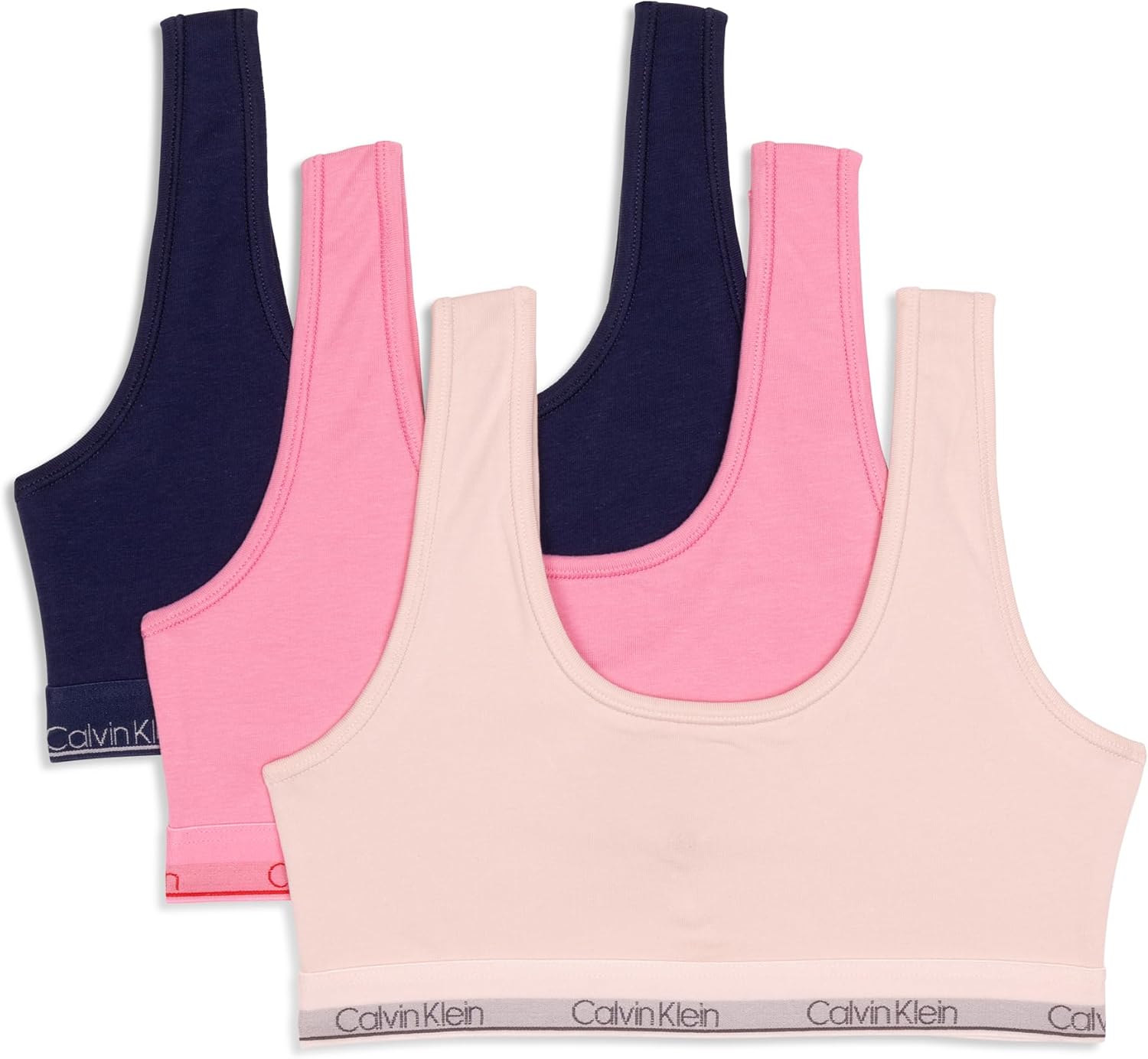 

Комплект из 3 хлопковых бюстгальтеров-бралеттов Calvin Klein для девочек, Crystal Pink/Sachet Pink/Medieval Blue
