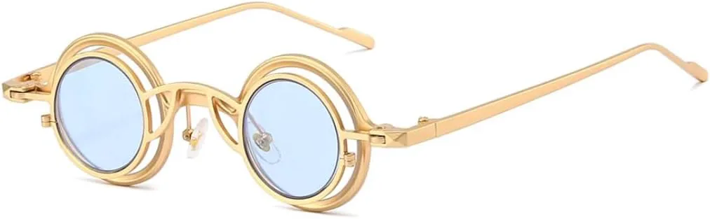 

Круглые солнцезащитные очки унисекс для женщин и мужчин, в стиле стимпанк, хип-хоп, солнцезащитные очки с защитой от УФ-излучения UV400, маленькие UATXTAU, Gold Blue