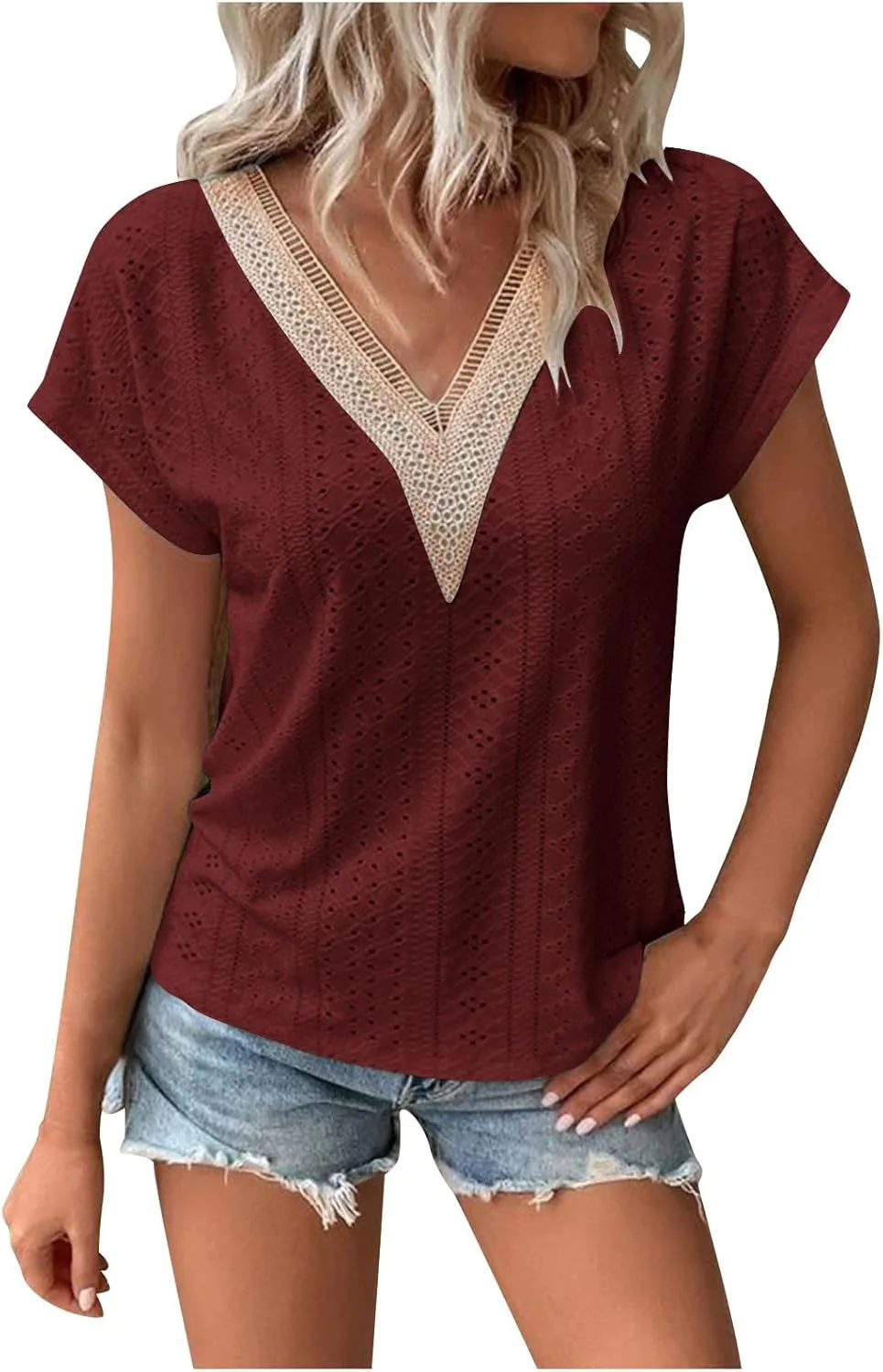 

Женская блузка летняя с коротким рукавом, V-образным вырезом и кружевной отделкой XUNRYAN