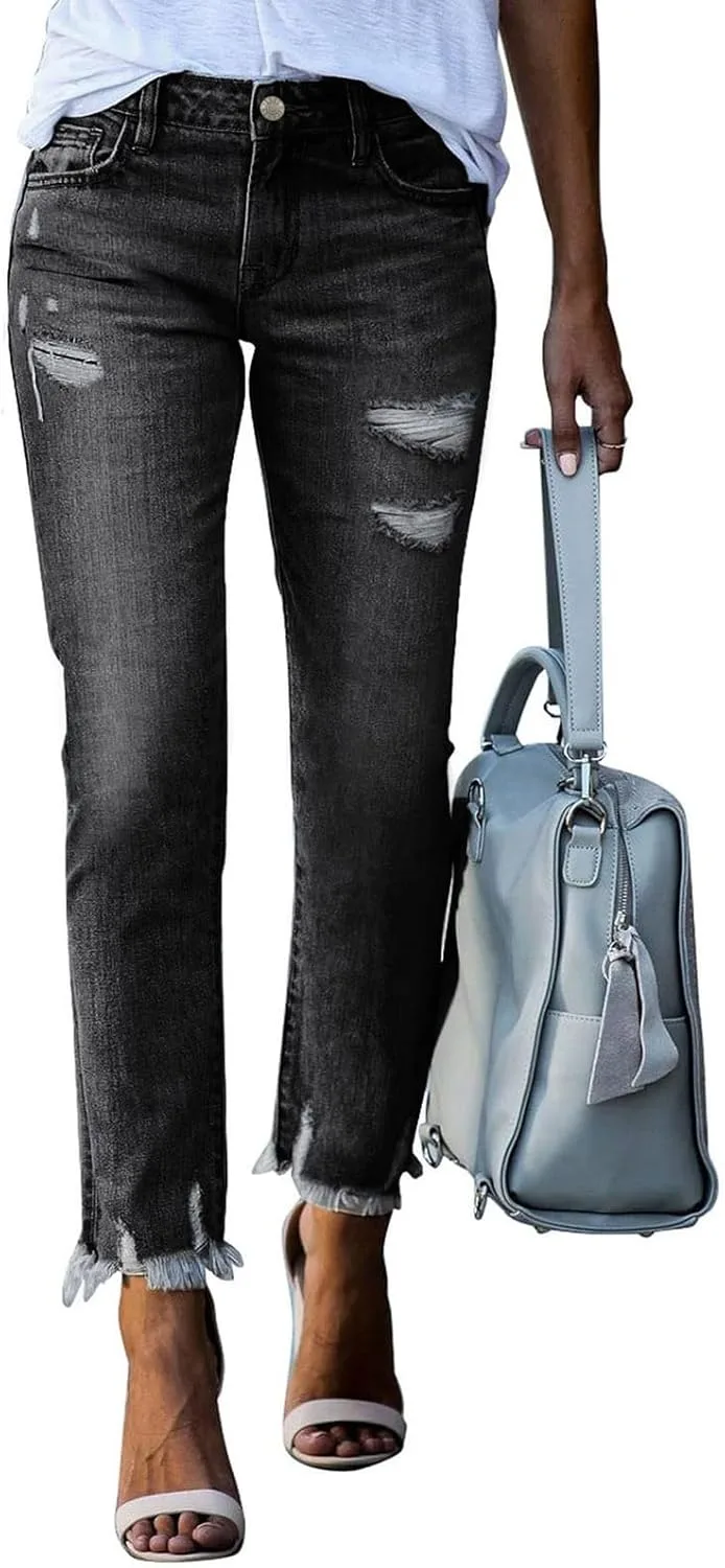 

Женские джинсы прямого кроя с высокой посадкой, укороченные, с эффектом потертости