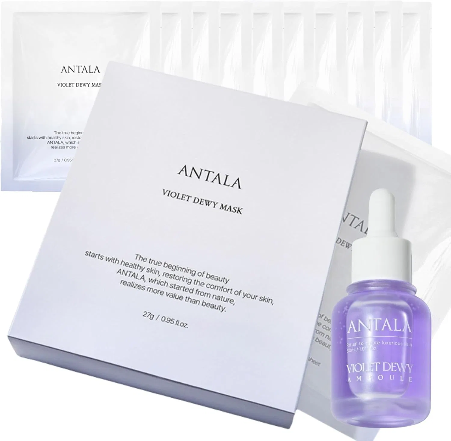 Набор Antala — Масок для лица Antara Violet Concentrated Glossy Skin Mask, 10 шт. + сыворотка, фиолетовый