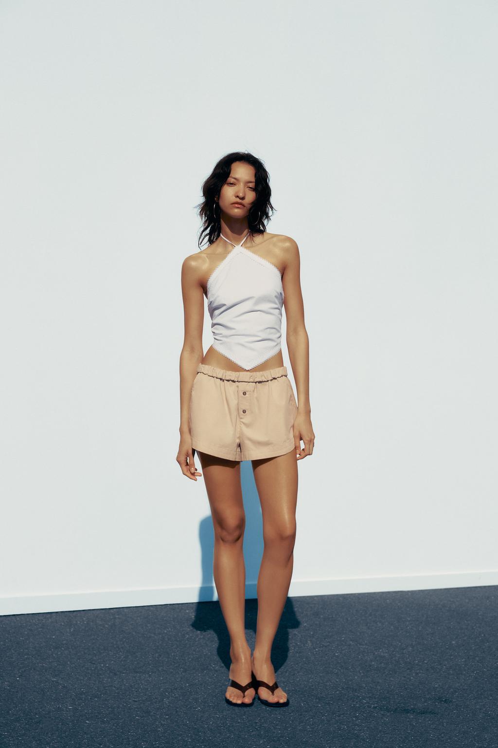 

Мини-шорты с завышенной талией ZARA, бежевый