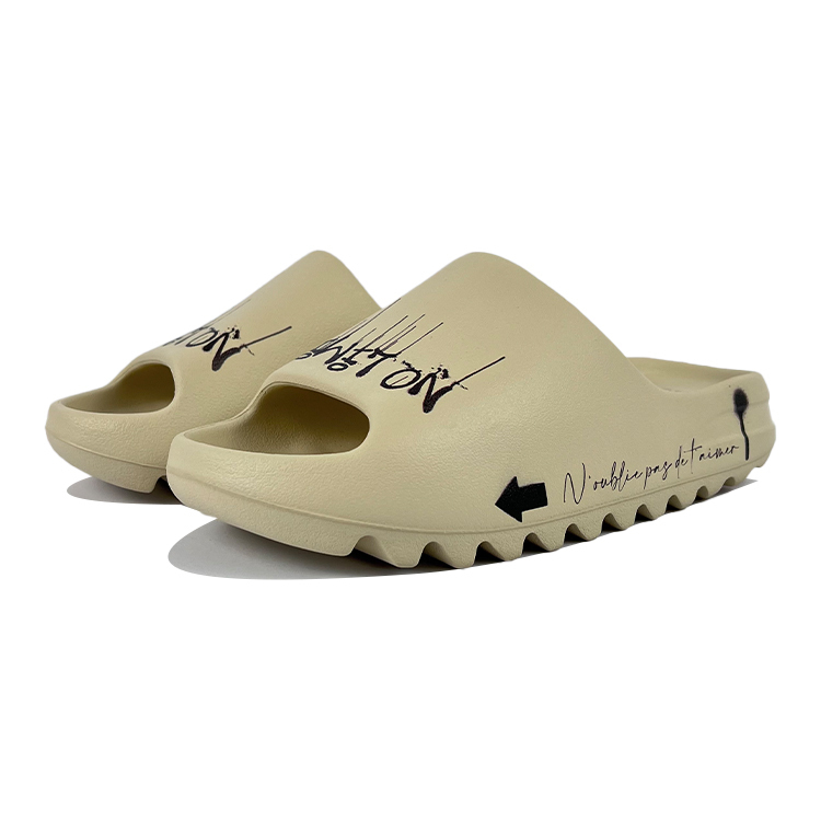 Сланцы Yeezy Slide противоскользящие унисекс бежево-черные Adidas Originals, экрю — фото 3