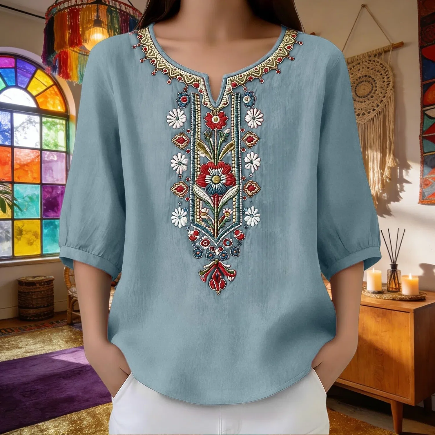 Женская льняная блуза с принтом и вышивкой Chinese Shirts, Z06-light Blue — фото 3