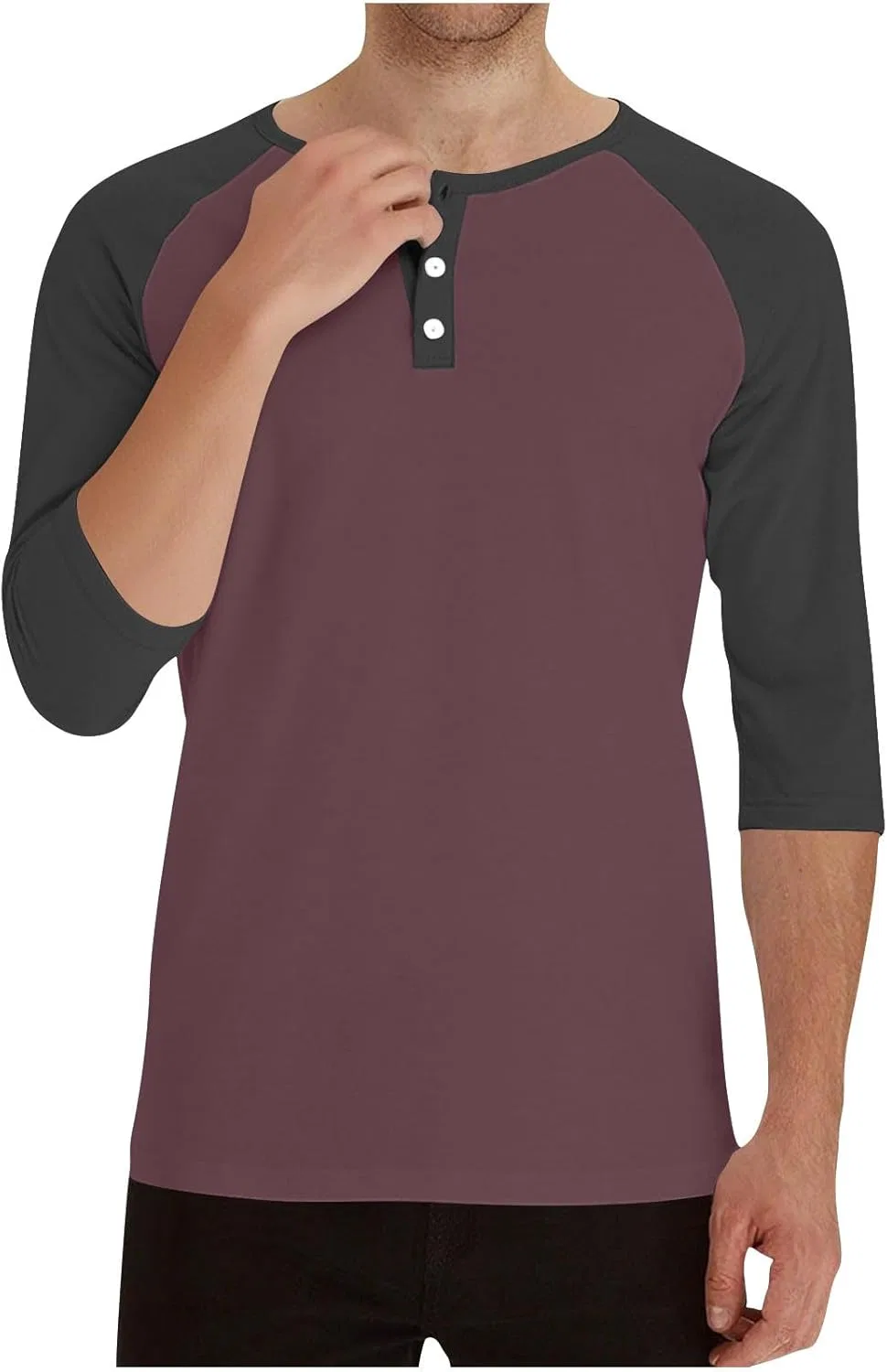 Мужская повседневная футболка с воротником-хенли и длиной рукава 3/4, Lightweight Cotton, Wine — фото 2