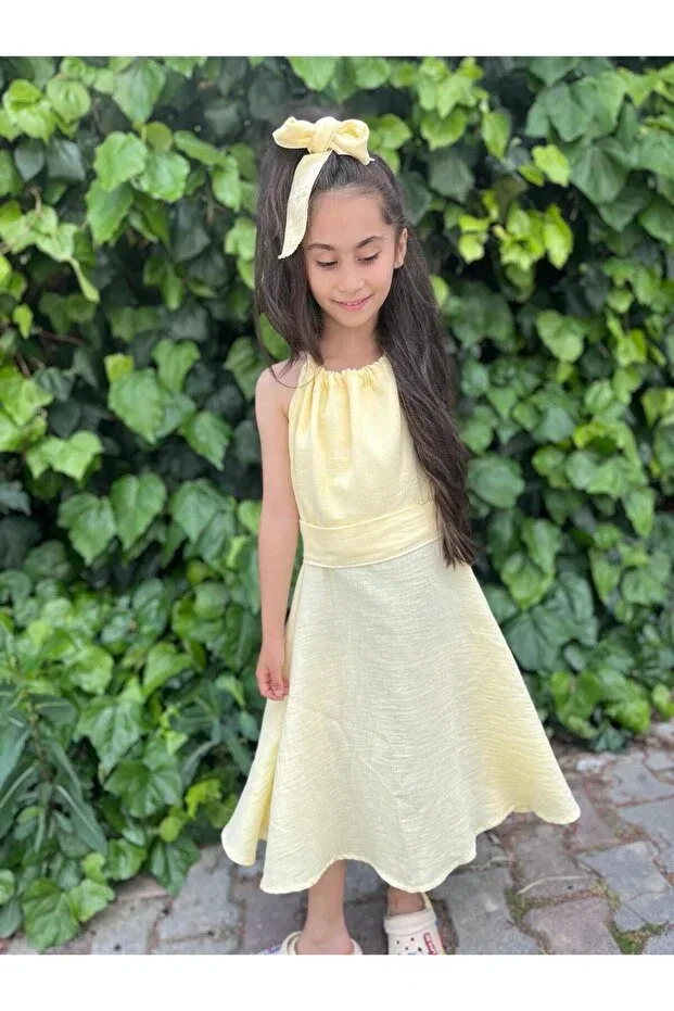 Детское платье для девочек хлопковое Vintage Back Detailed Muslin Girls' Design Dress Bebeu, Yellow — фото 3