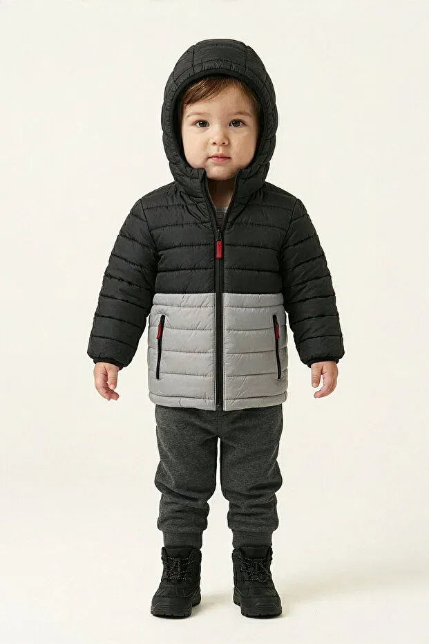 Детское зимнее пальто для девочек с капюшоном Basics D1Fference, Black - Gray — фото 2