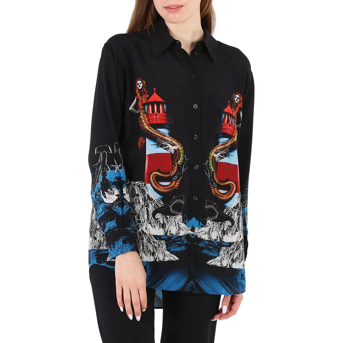 Шелковая рубашка с принтом русалки Ladies Mermaid Printed Silk Shirt Burberry, Black Ip Pat