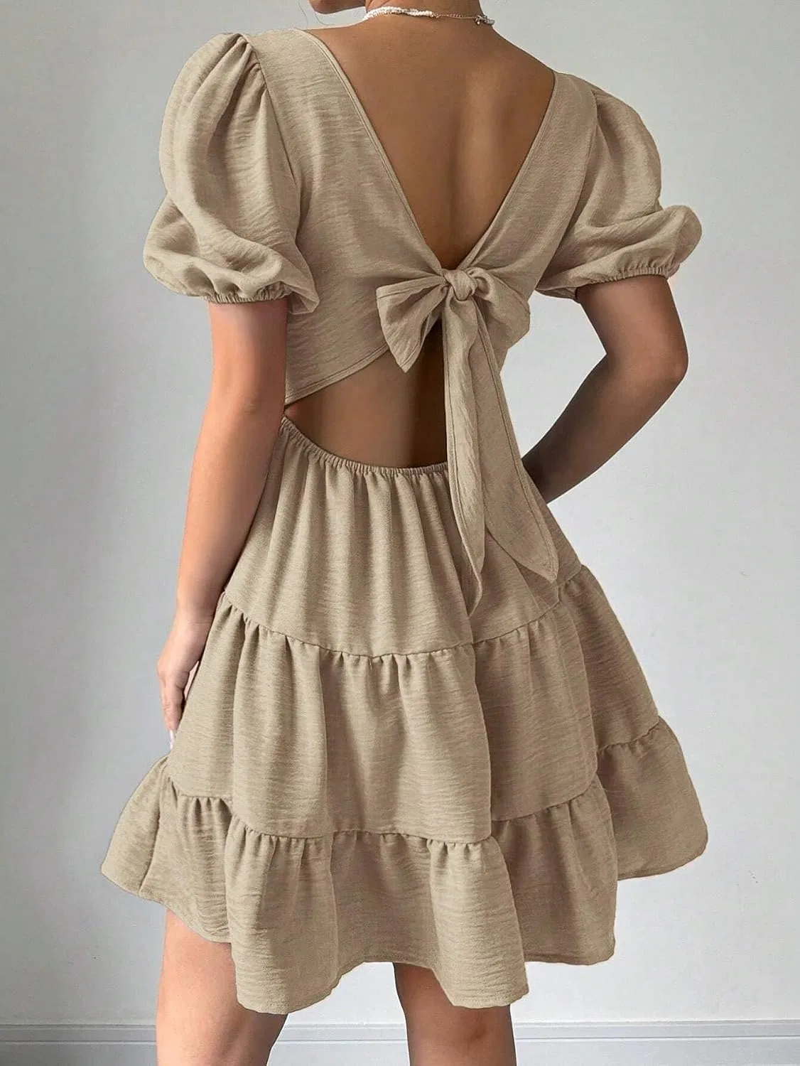 Женское летнее пляжное платье с воланами и открытой спиной, Khaki — фото 2