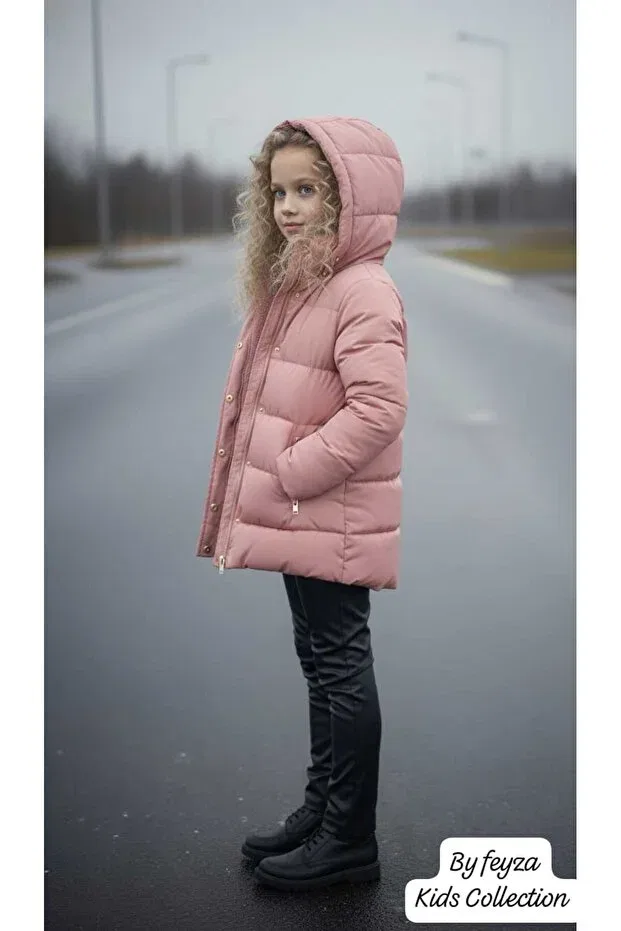 Детское зимнее пальто для девочек с капюшоном By Feyza Kids Collection, Pink — фото 3