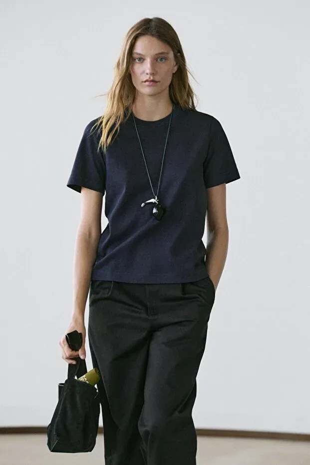 Женская футболка хлопковая с коротким рукавом Massimo Dutti, Dark Lacquer — фото 2