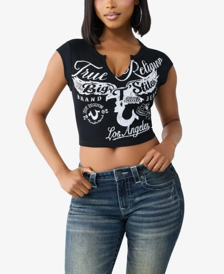 Укороченная футболка с вырезом и ребристой текстурой True Religion, Jet Black