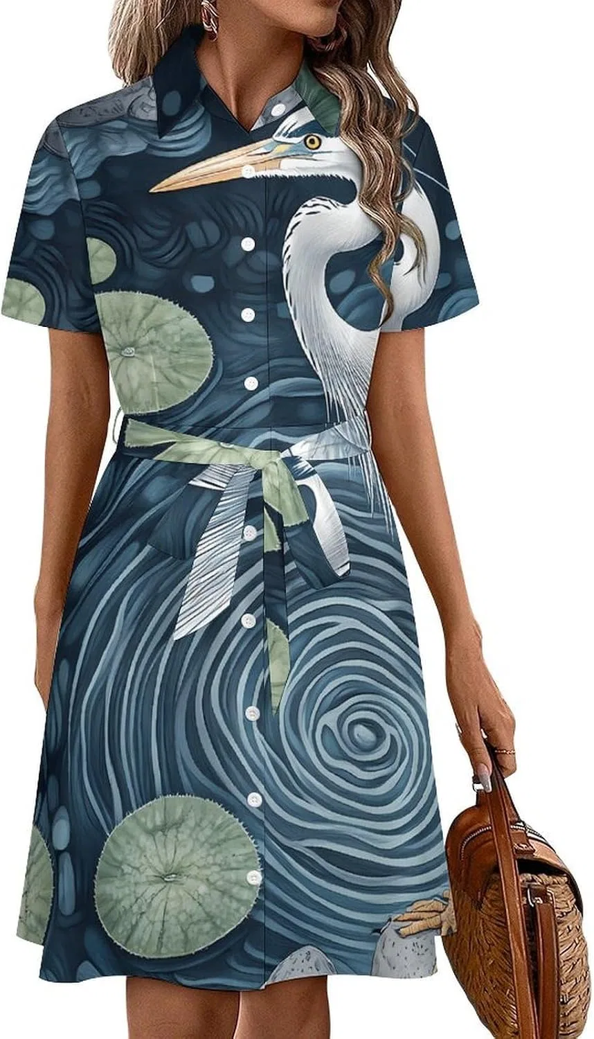 Женское платье-рубашка с поясом Grey Heron Lotus-Flower Pond, Multicolor