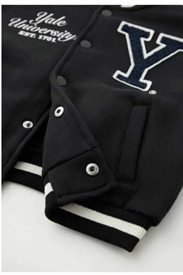 Детская куртка-бомбер с принтом Unisex bomber college jacket patch appliqued back printed Oliveyoumom, Black Cream — фото 3
