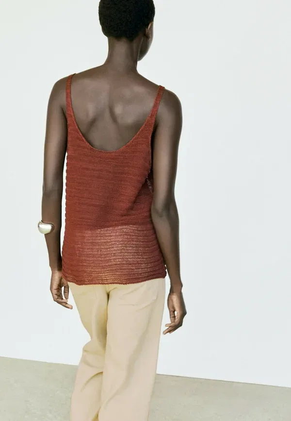 Топ с текстурным вязанием из льна, хлопка и полиамида, без спинки, Massimo Dutti, бордовый — фото 3