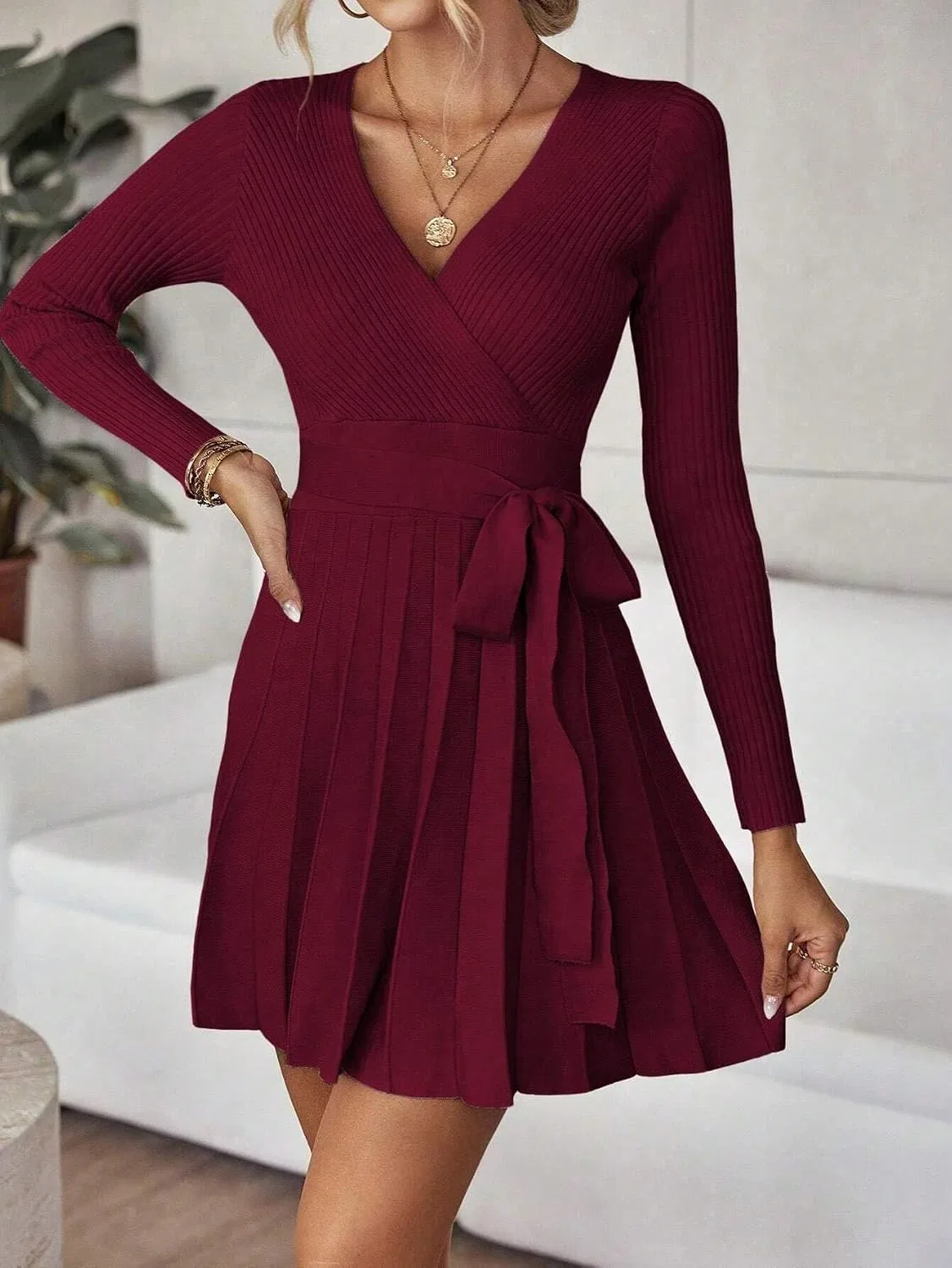Женское платье миди с поясом и плиссе Casual, Burgundy — фото 4