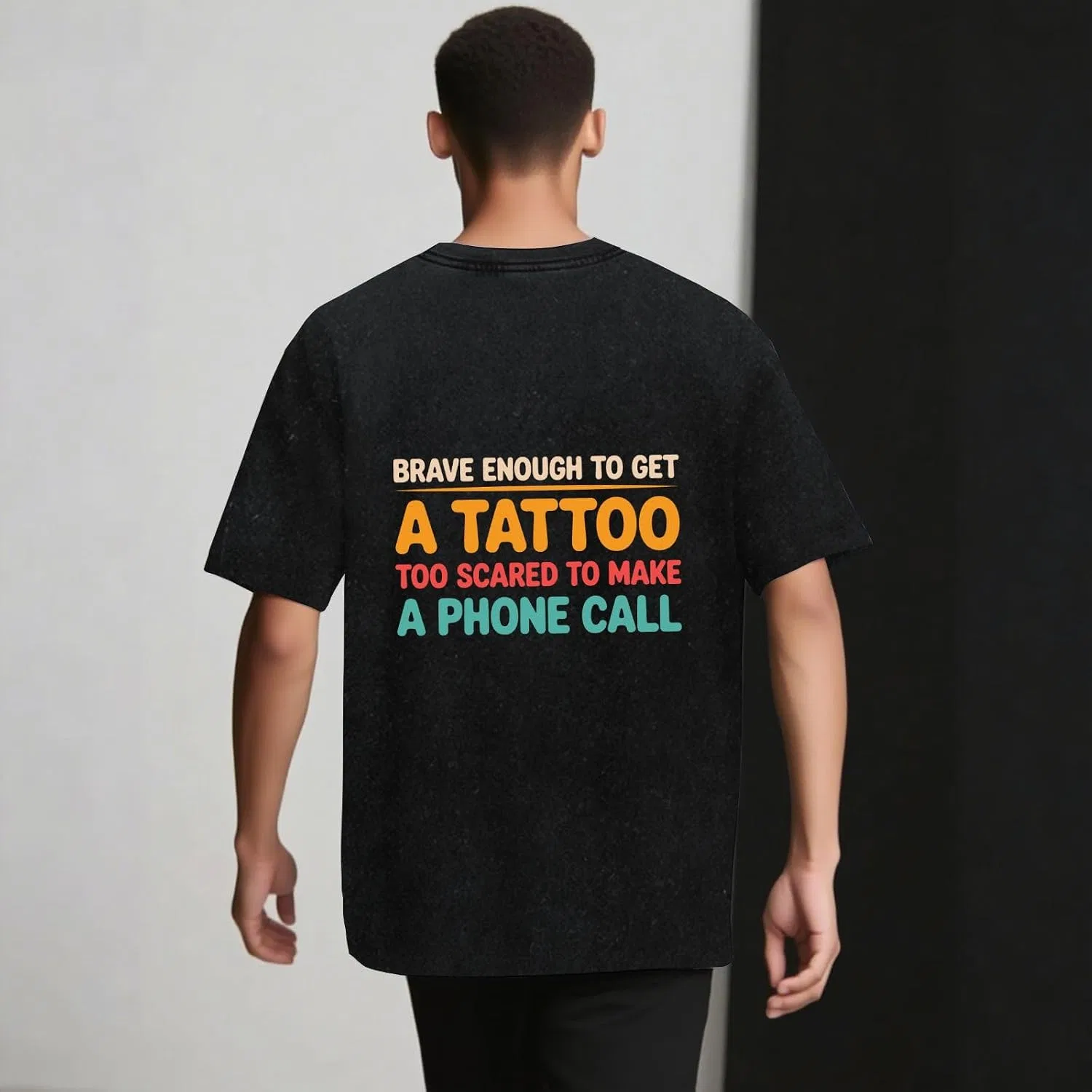 Женская футболка с принтом Brave Enough to Get A Tattooed Too Scared to Make Phone Call, Wash Black — фото 2