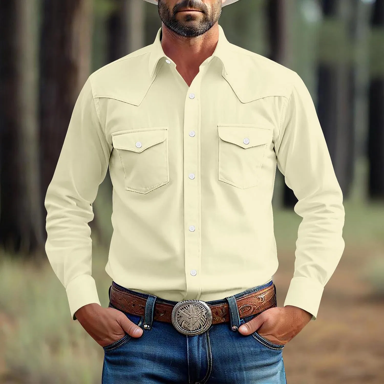 Мужская рубашка с запа́хом, с длинным рукавом, Western Cowboy, бежевый — фото 3