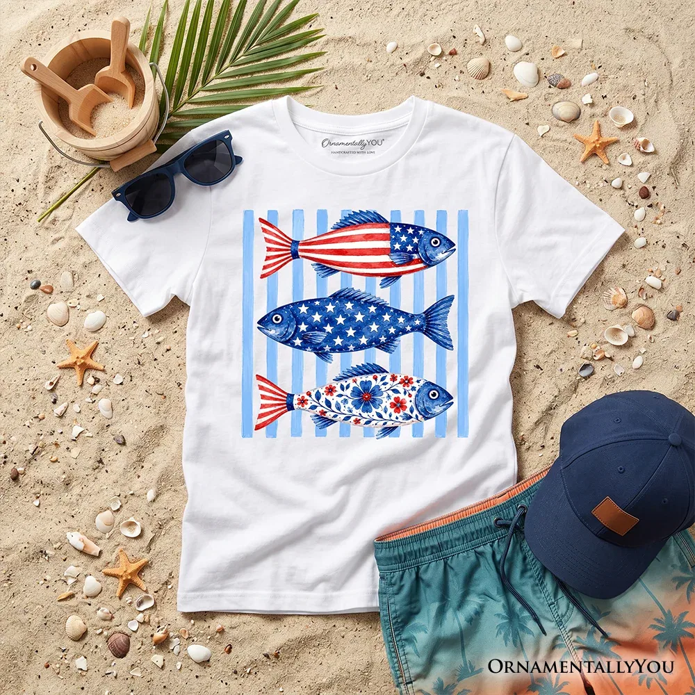Детская футболка для мальчиков с принтом American Flag Fish OrnamentallyYou, White