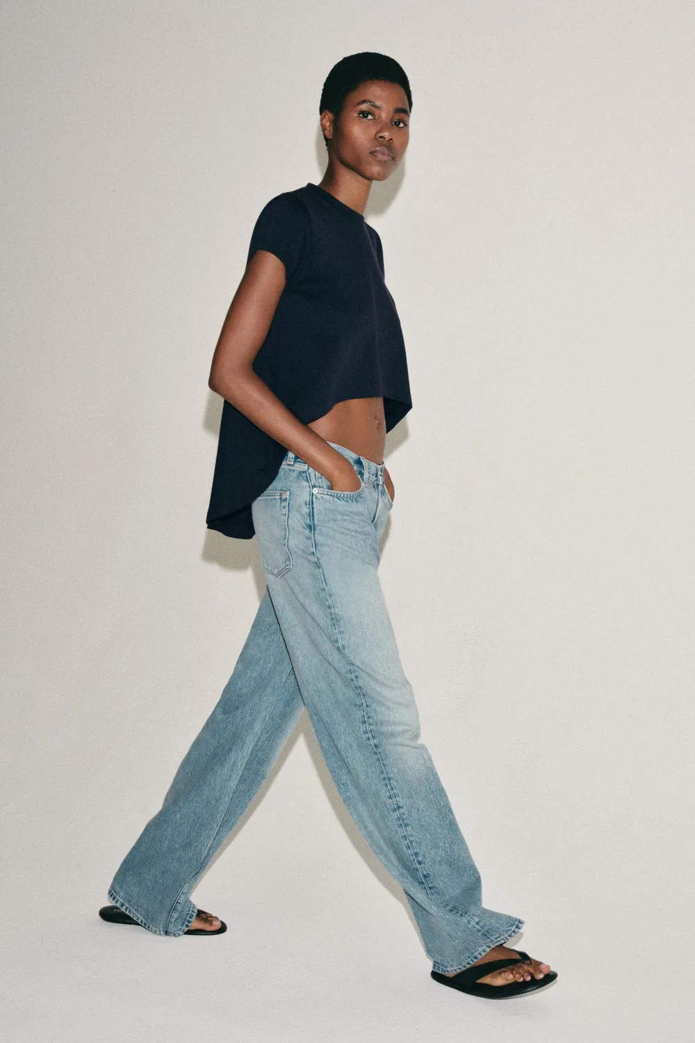 Асимметричная хлопковая футболка ZARA, Navy blue