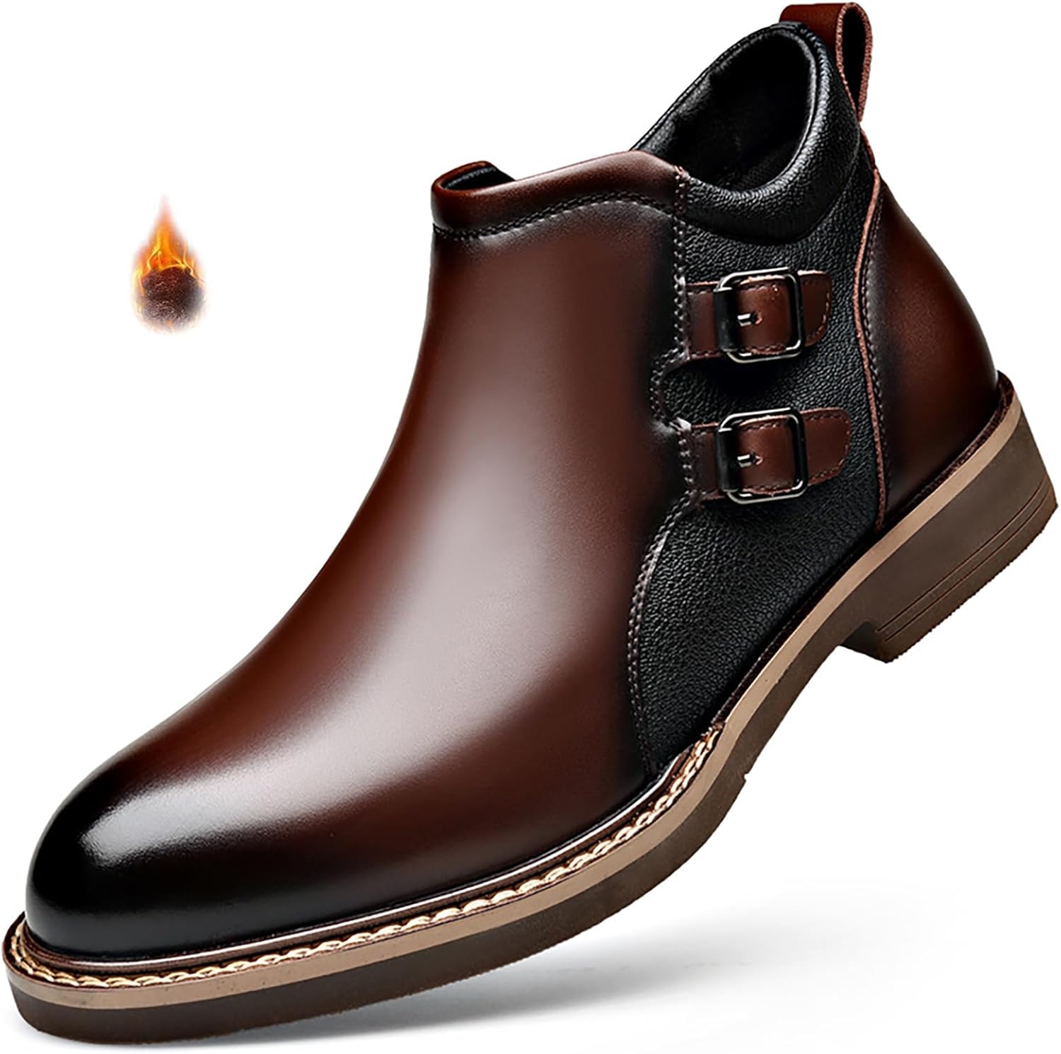 

Мужские кожаные ботинки челси с пряжкой, низкий каблук, классический круглый носок, боковая молния, нескользящие, для офиса, работы и вождения Faglkak, коричневый