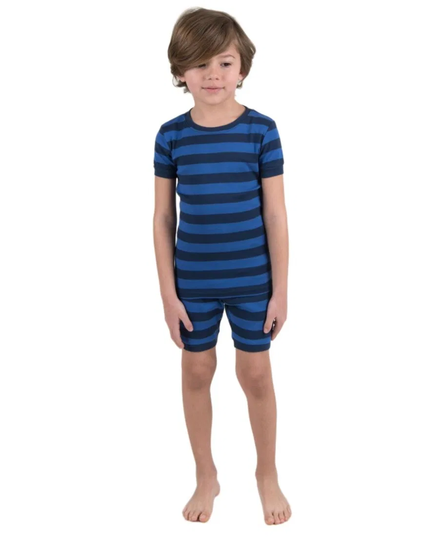 Пижама детская из хлопка с коротким рукавом и шортами, в полоску Leveret, Blue & Navy Stripes — фото 3