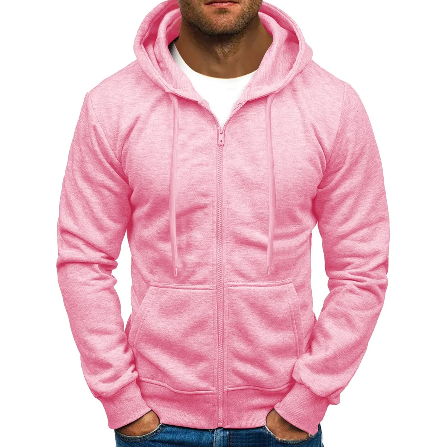 Мужской худи с капюшоном и молнией с длинным рукавом, Pink