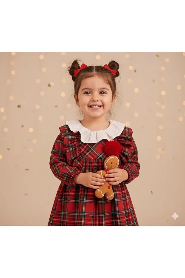 Детское платье для девочек с плиссе New year's ruffled plaid stylish pompom single dress Baby Rose, Red — фото 3