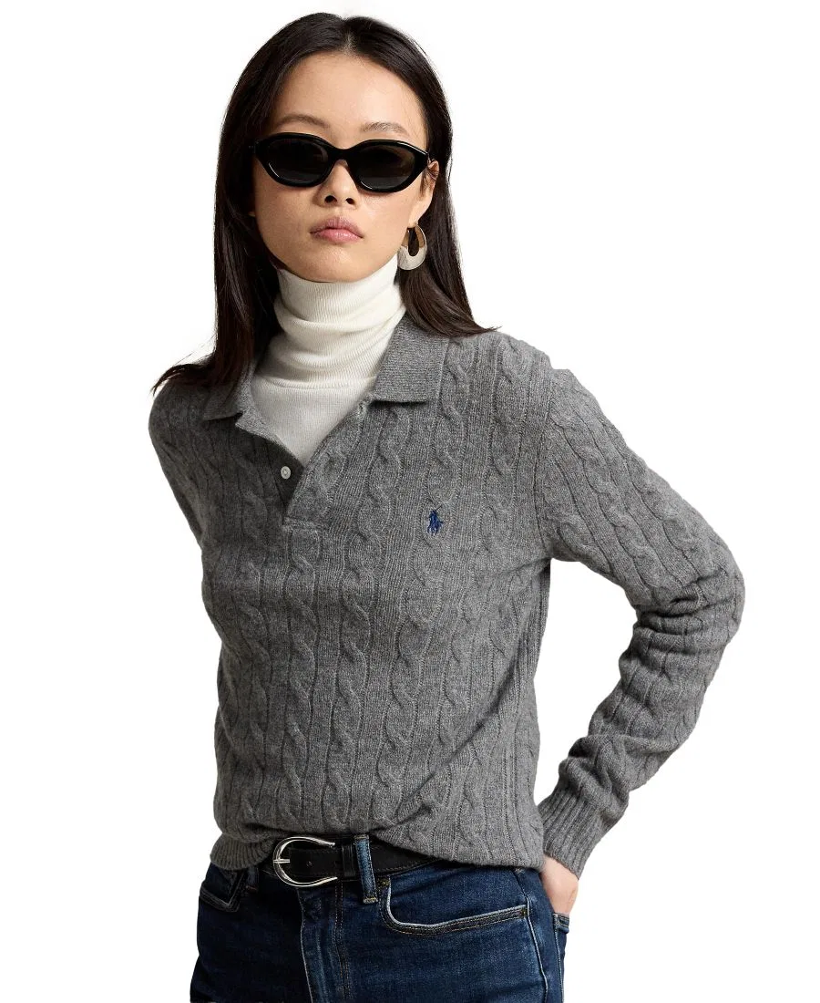 Свитер с поло-воротником, с длинным рукавом, с косами Polo Ralph Lauren, Flannel Grey Heather